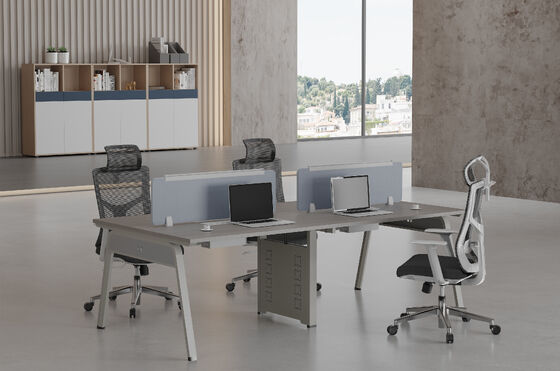 Functional 4 Person Office Workstation with Wood Grain Desktop and Metal Legs for Coworking Spaces